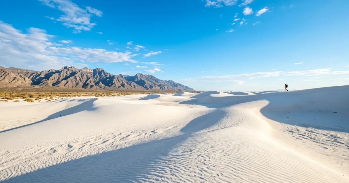 Expansive white gypsum dunes of Cuatro Cienegas against mountain backdrop