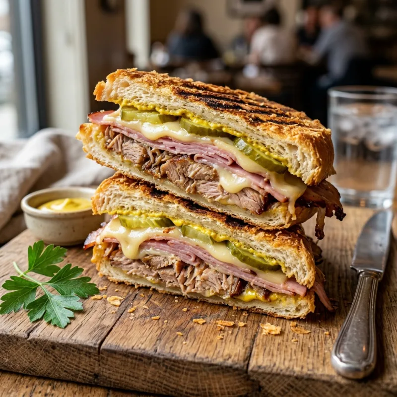 Authentic Cuban sandwich sliced in half showing melted cheese, roasted pork, and ham on pressed bread
