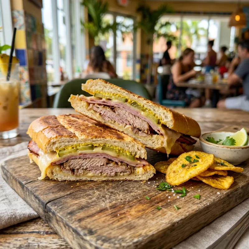 A classic pressed Cuban sandwich with ham, pork, cheese, and pickles