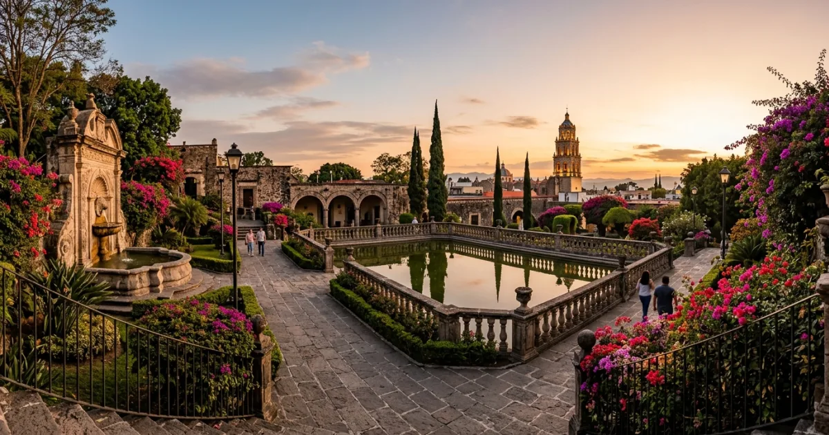 Panoramic view of historic Jardin Borda garden in Cuernavaca with stone fountains and lush tropical flora