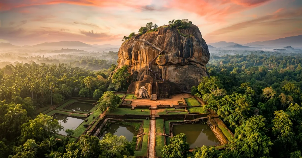 Ancient Sigiriya Rock Fortress surrounded by lush jungle in Sri Lanka Cultural Triangle