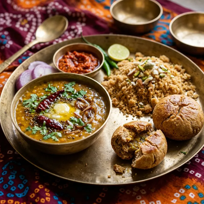 A traditional brass thali serving Dal Baati Churma, a classic Rajasthani dish
