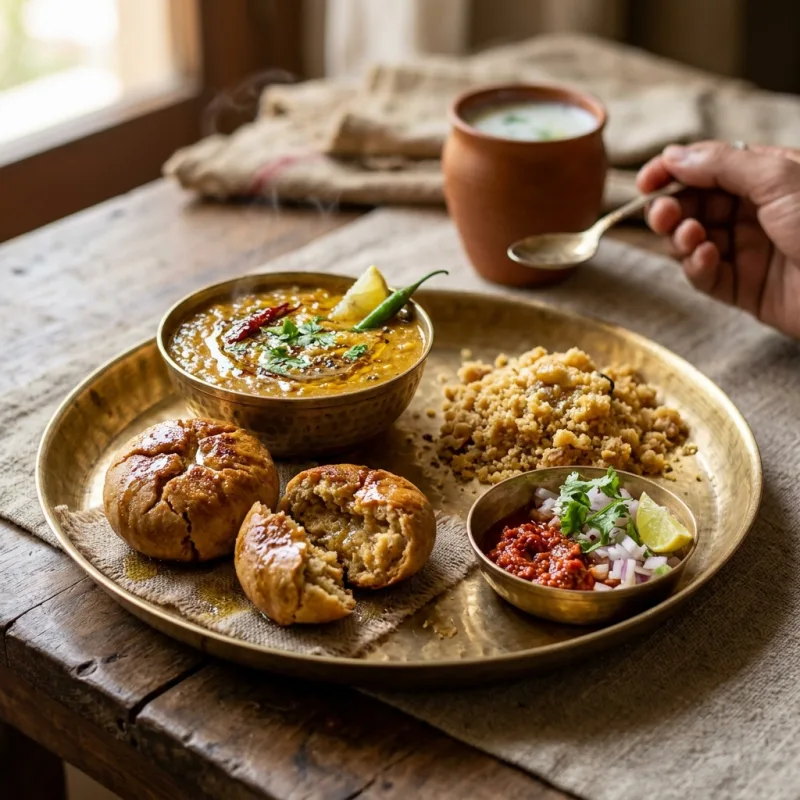 Traditional Rajasthani Dal Baati Churma served on a brass thali