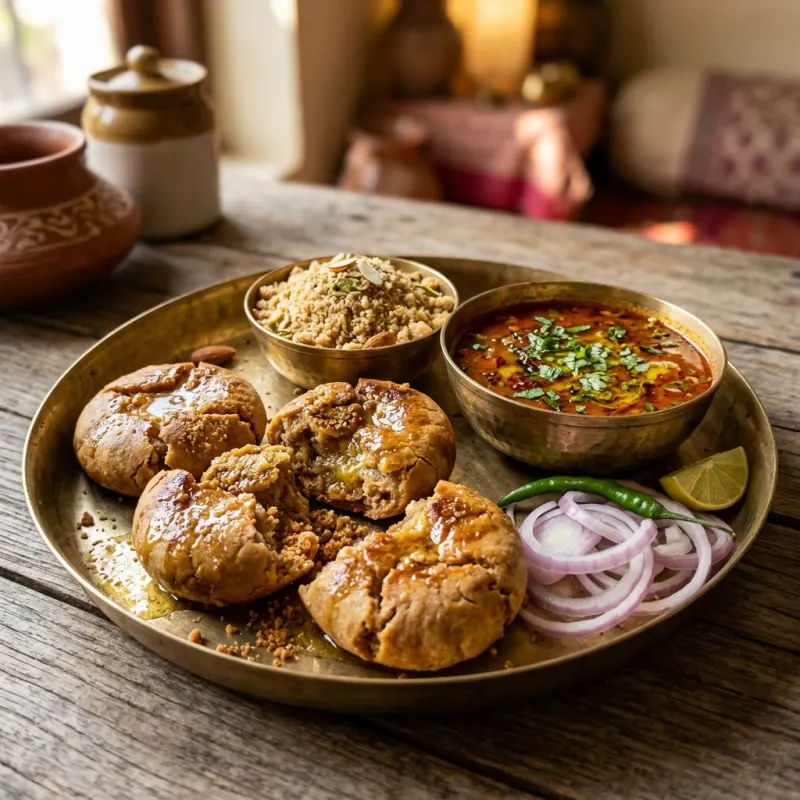Authentic Rajasthani Dal Baati Churma served on a traditional brass thali