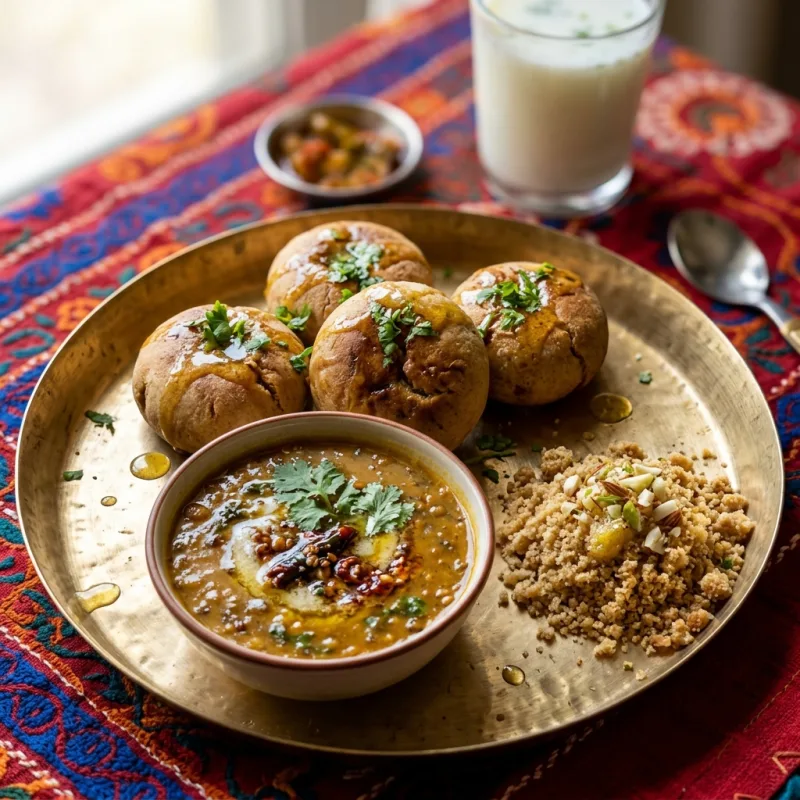 Traditional Rajasthani Dal Baati Churma served on a brass thali