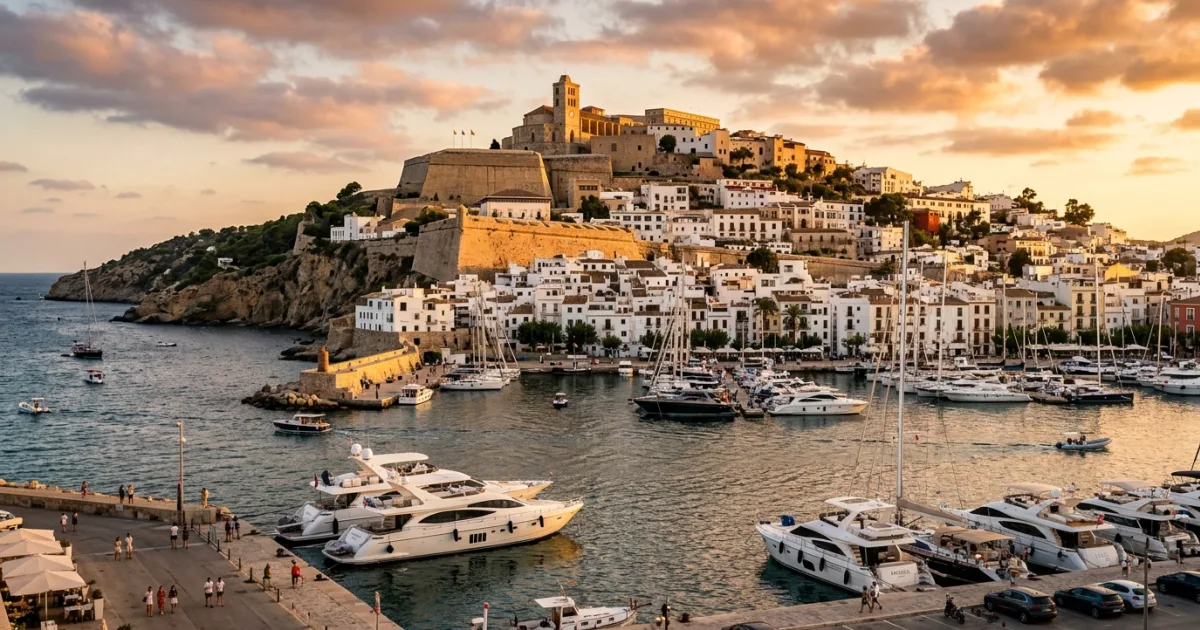 Panoramic view of Dalt Vila fortified old town in Ibiza at sunset
