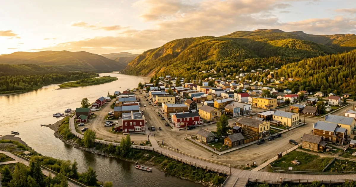 Panoramic view of historic Dawson City and the Yukon River under the Midnight Sun