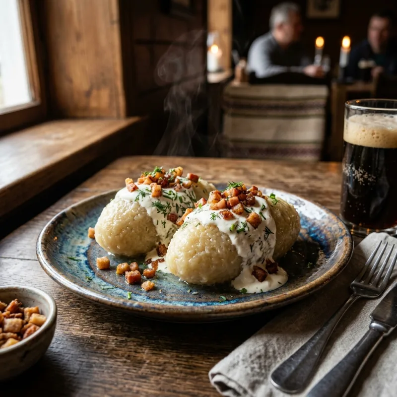 Steaming Lithuanian potato dumplings Cepelinai topped with sour cream and bacon cracklings on a rustic wooden table