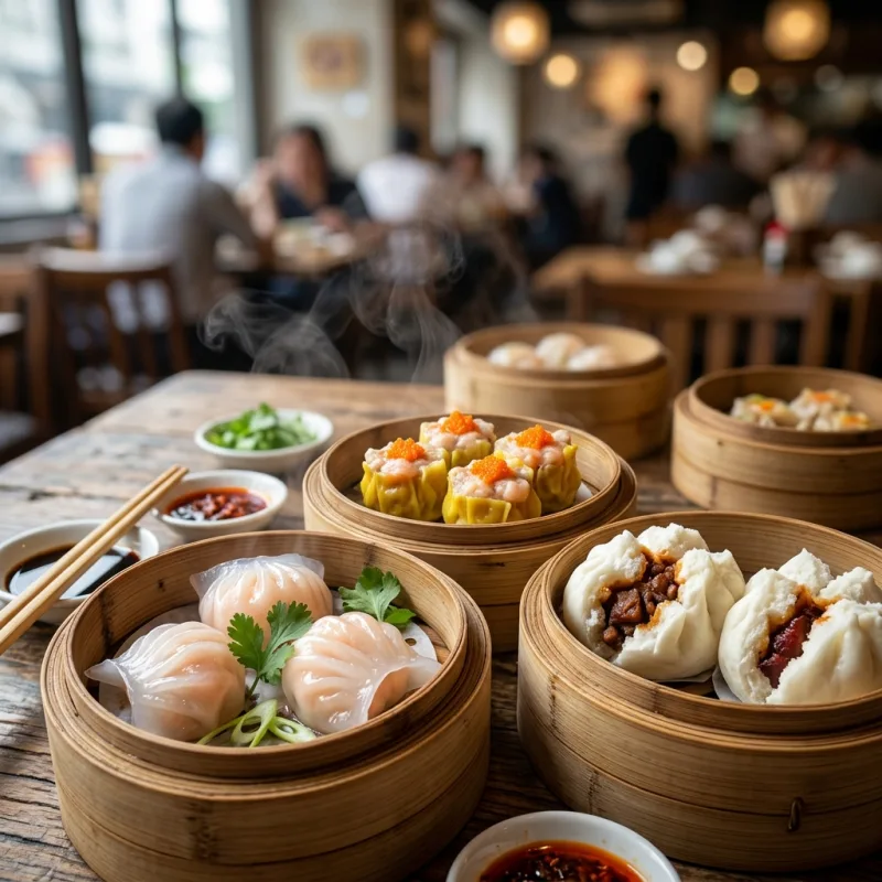 Traditional Cantonese Dim Sum in bamboo steamers