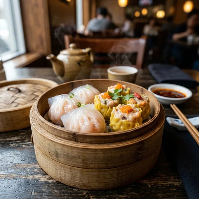 Traditional Hong Kong Dim Sum in a bamboo steamer