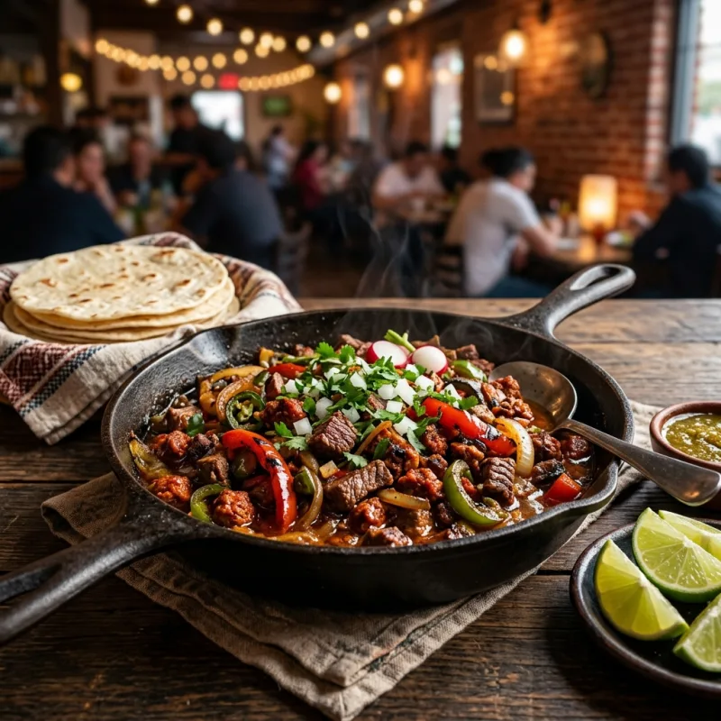 Sizzling Mexican Discada meat dish in a rustic skillet with flour tortillas