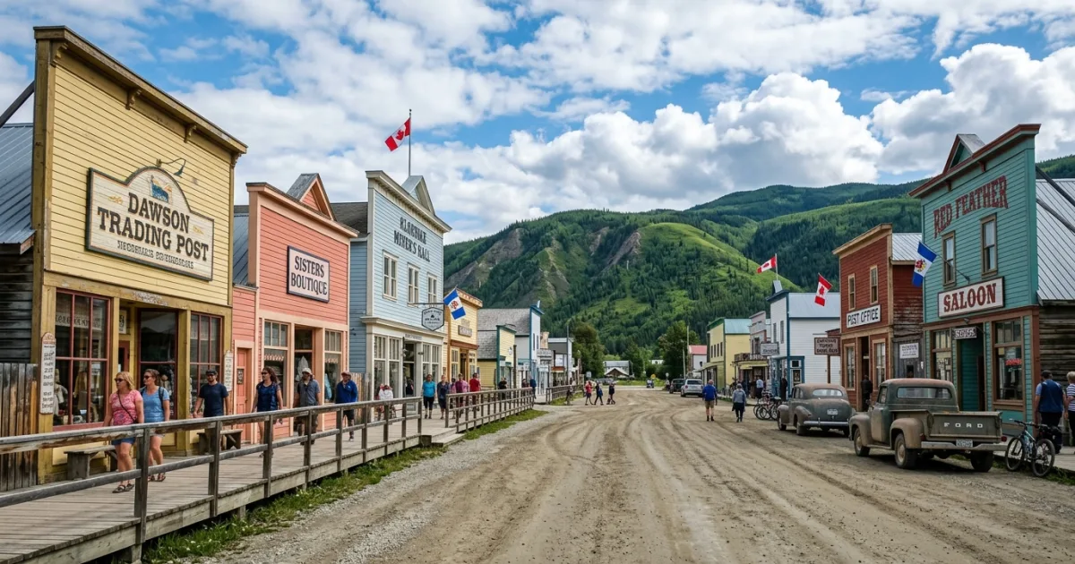 Colorful wooden frontier buildings and boardwalks of Downtown Dawson City Yukon