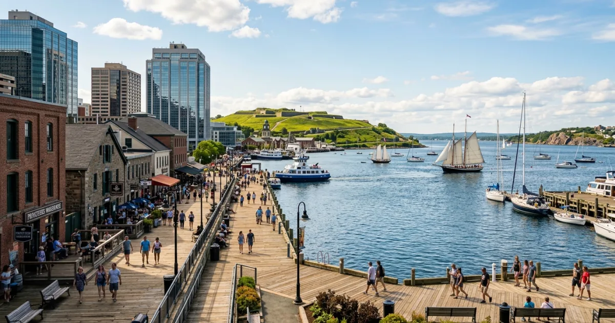 Scenic wide-angle view of the Downtown Halifax waterfront boardwalk and harbor