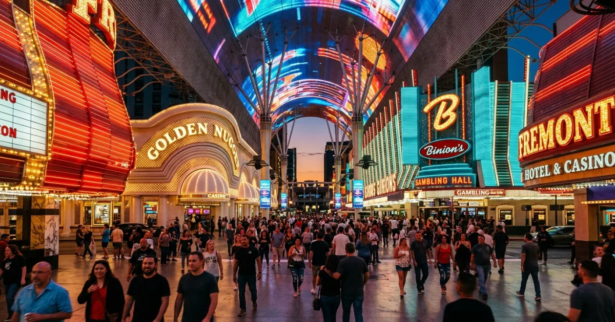 Vibrant neon signs and lit canopy on Fremont Street in Downtown Las Vegas at twilight