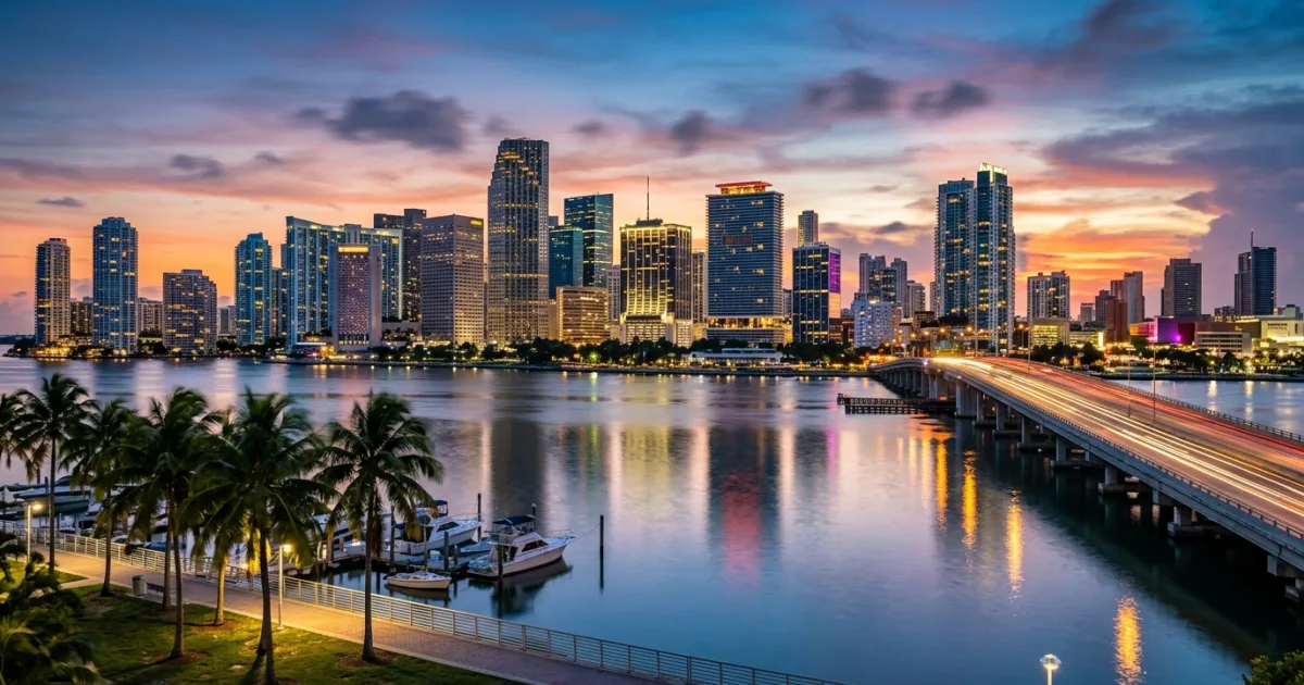 Downtown Miami skyline illuminated at twilight reflecting on Biscayne Bay