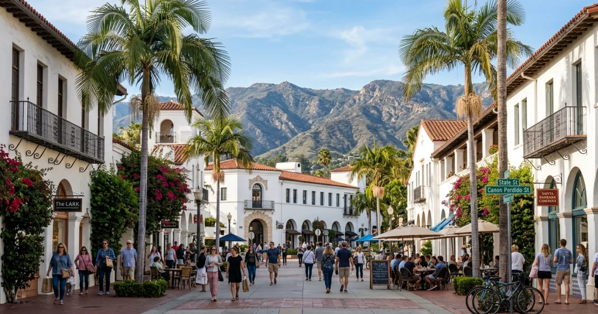 State Street promenade in Downtown Santa Barbara with Spanish architecture and mountains