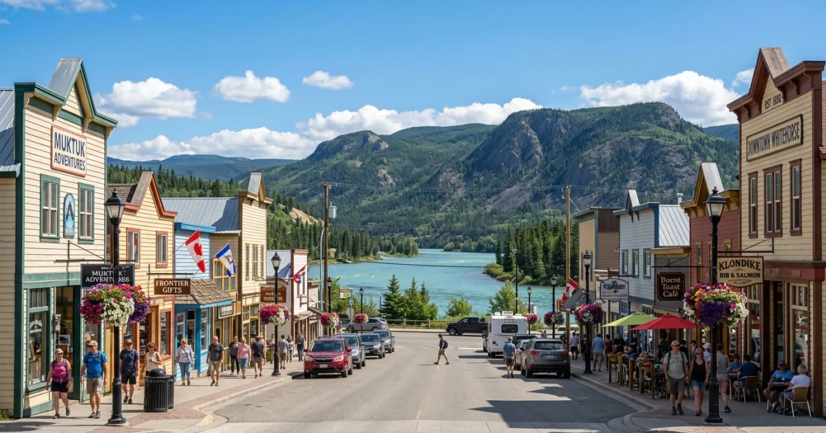Sunny street view of Main Street in Downtown Whitehorse featuring historic buildings and mountain views