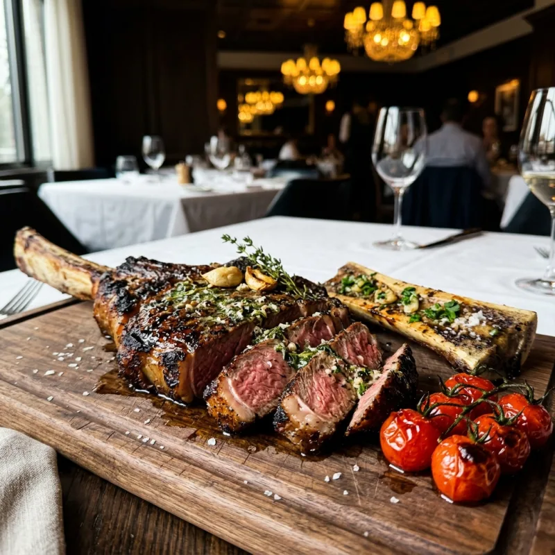 Dry-aged tomahawk ribeye steak served on a wooden board with roasted garlic and rosemary