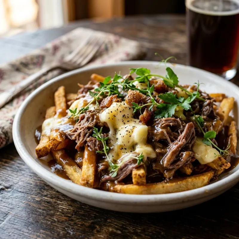 Gourmet duck confit poutine with cheese curds and rich gravy