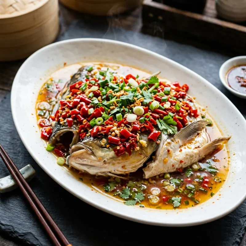 Steamed fish head covered in vibrant chopped red chili peppers and garlic served on a white platter