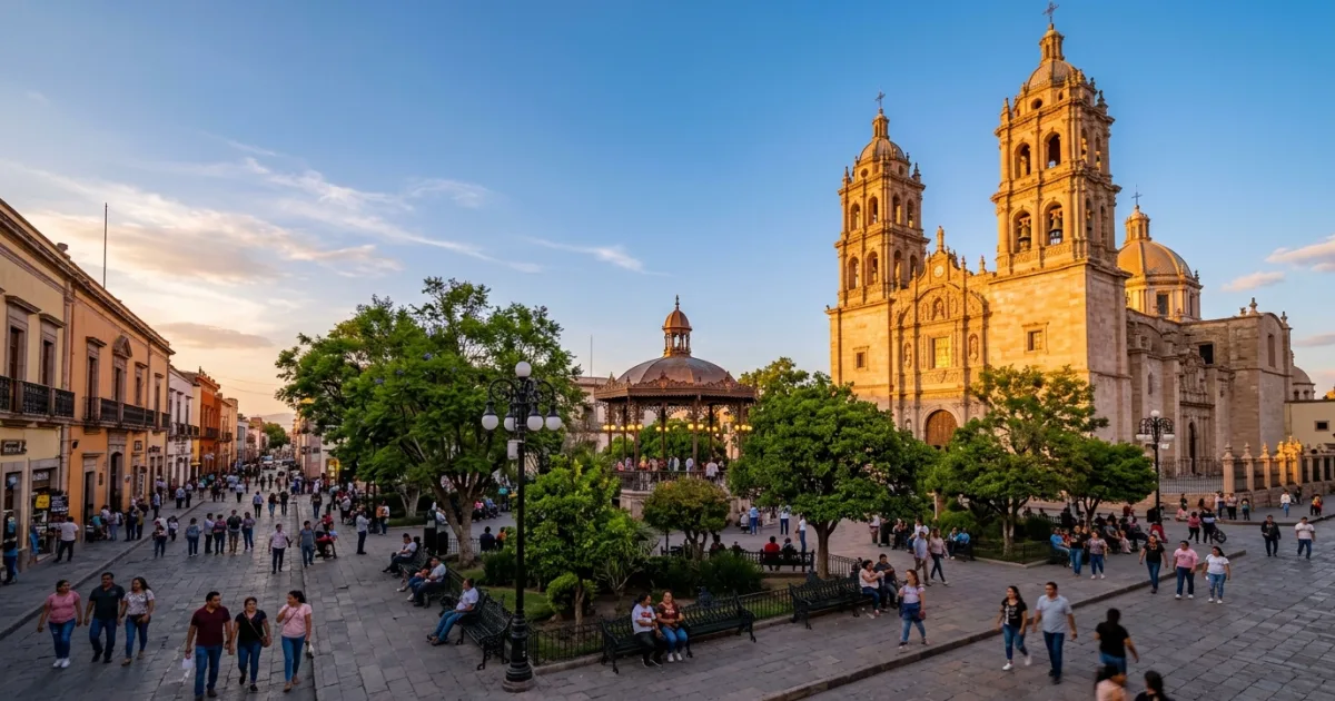 Panoramic view of Durango City's historic Plaza de Armas and Cathedral at sunset