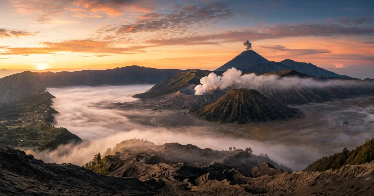 Panoramic sunrise over Mount Bromo and the volcanic caldera in East Java Indonesia