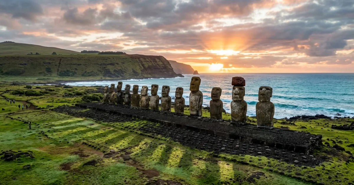 Fifteen moai statues of Ahu Tongariki on Easter Island standing at sunrise against the Pacific Ocean