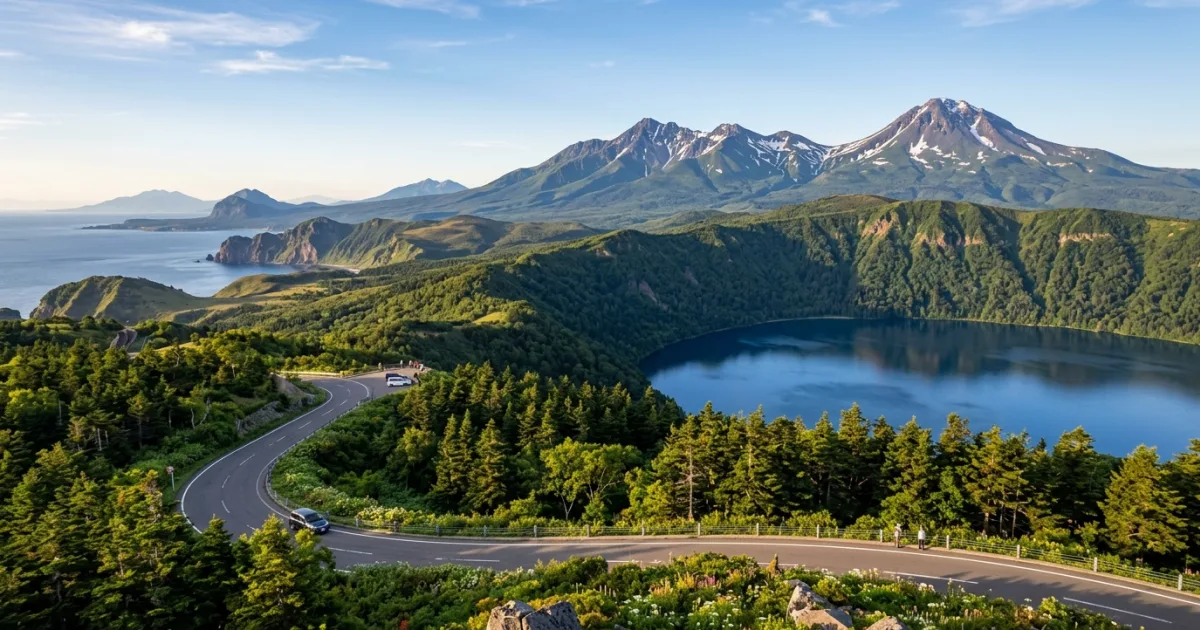 Panoramic landscape view of Lake Mashu and the Shiretoko mountains in Eastern Hokkaido Japan