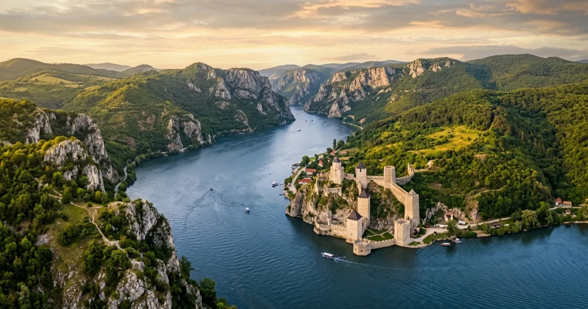 Panoramic view of Golubac Fortress on the Danube River in Eastern Serbia