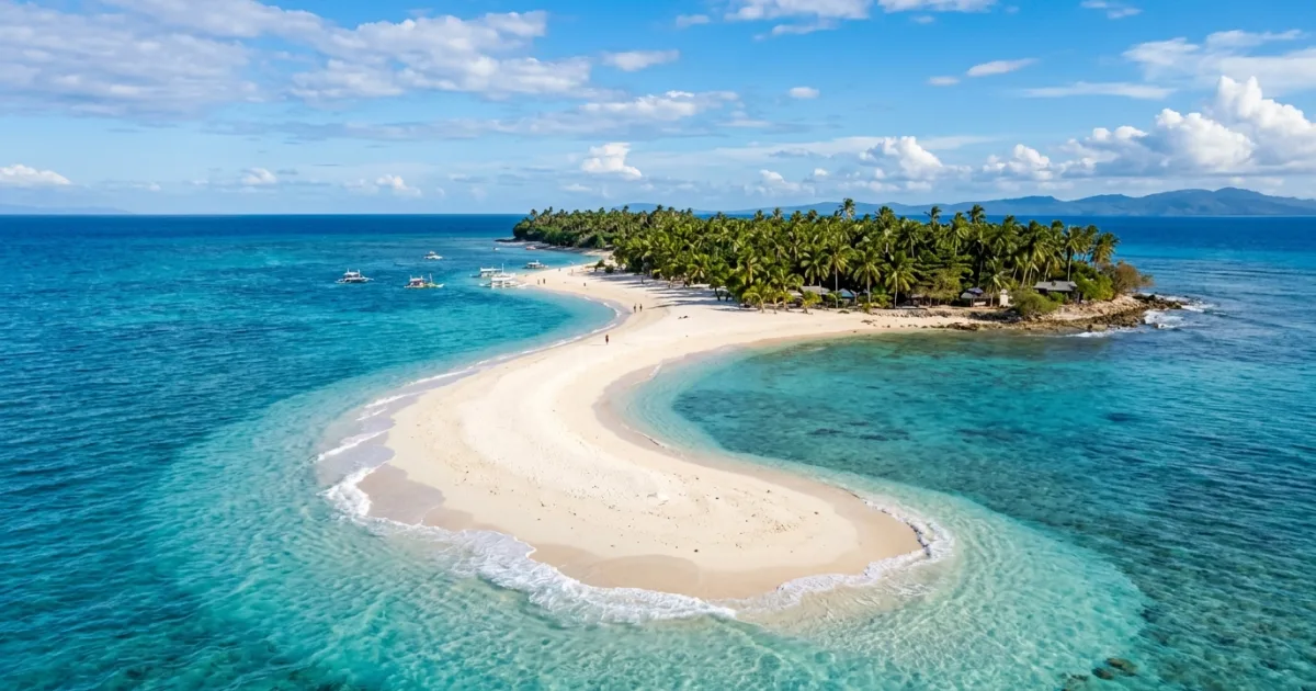Aerial panoramic view of Kalanggaman Island sandbar in Eastern Visayas Philippines