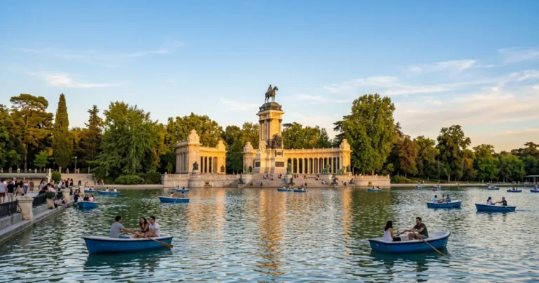 El Retiro Park 4 El Retiro Park Great Pond with rowboats and Alfonso XII monument in Madrid