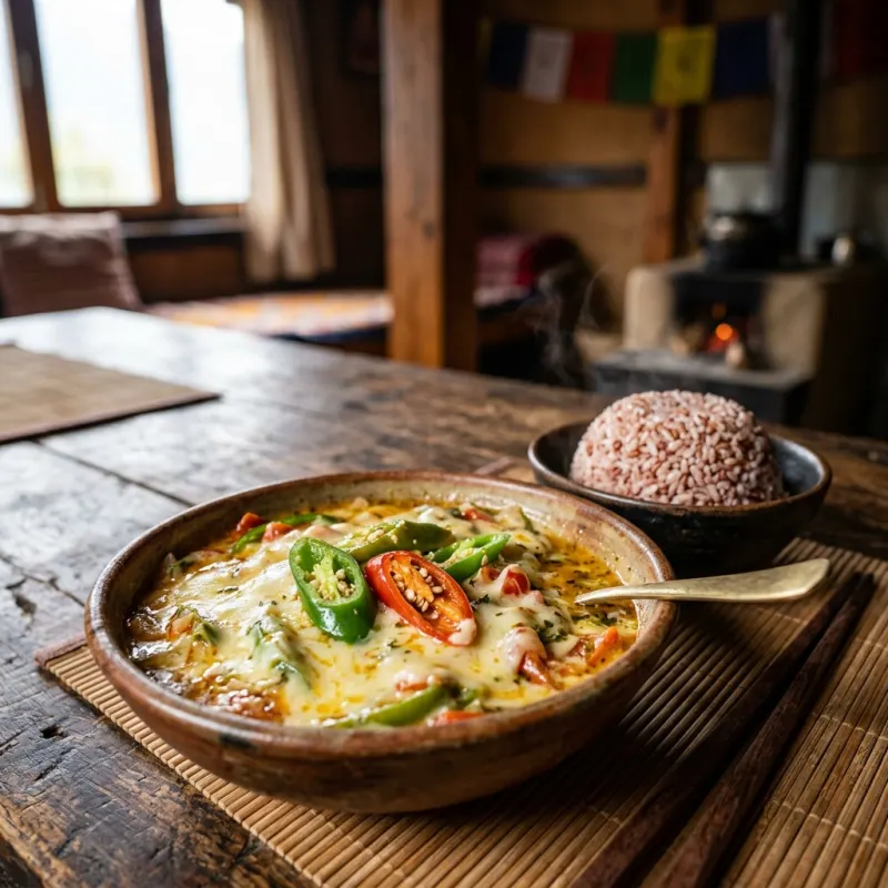 Authentic Bhutanese Ema Datshi chili and cheese stew served with Himalayan red rice