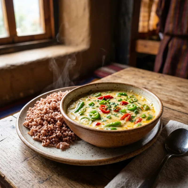 Authentic Bhutanese Ema Datshi with green chilis and cheese sauce served with red rice