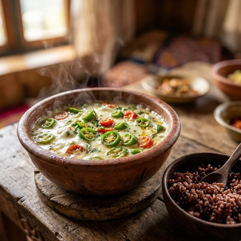Authentic Bhutanese Ema Datshi chili and cheese stew served with red rice