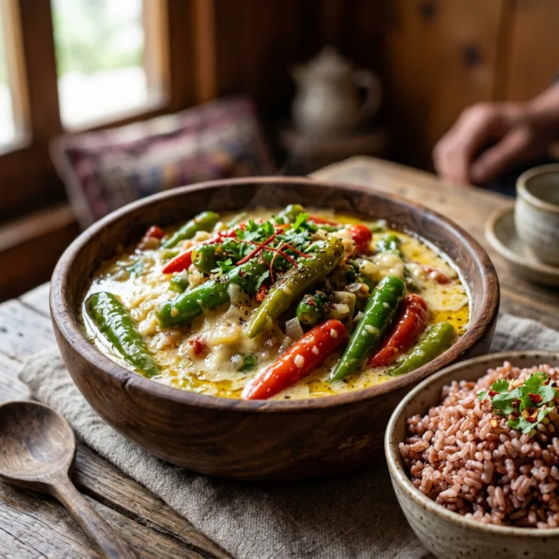 A traditional wooden bowl filled with Ema Datshi, a Bhutanese chili and cheese stew, served with red rice.