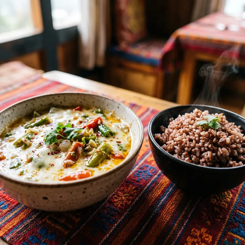 Authentic Bhutanese Ema Datshi chili cheese stew served with local Punakha red rice
