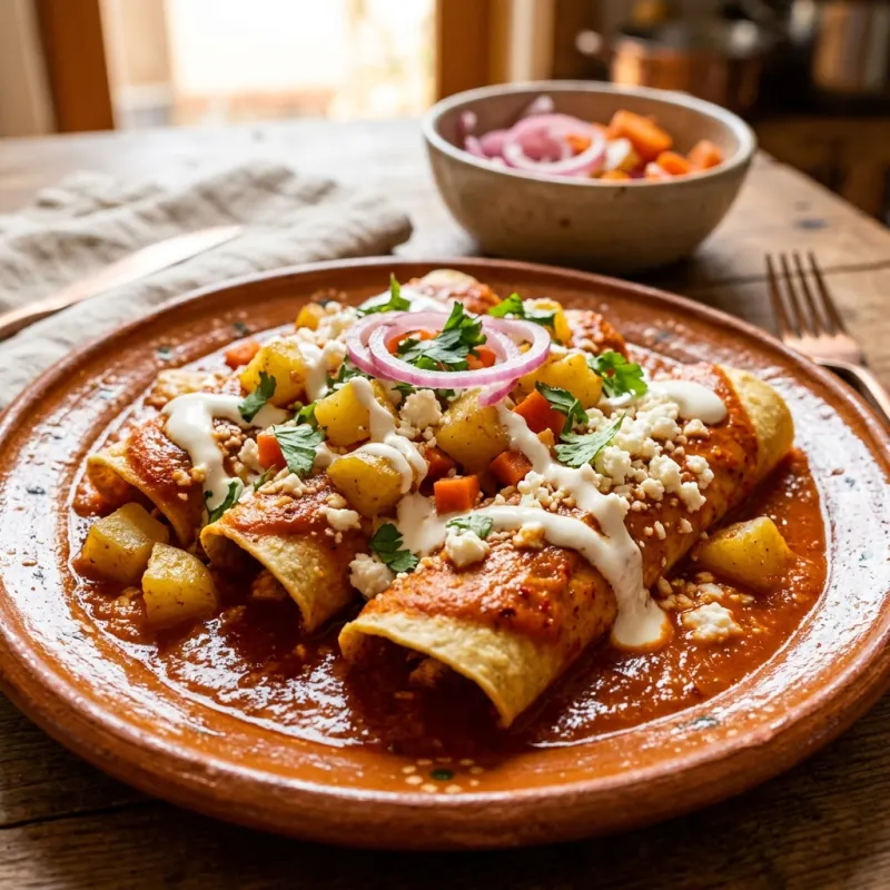 Authentic Enchiladas Mineras served on a traditional Mexican clay plate with cheese and vegetables