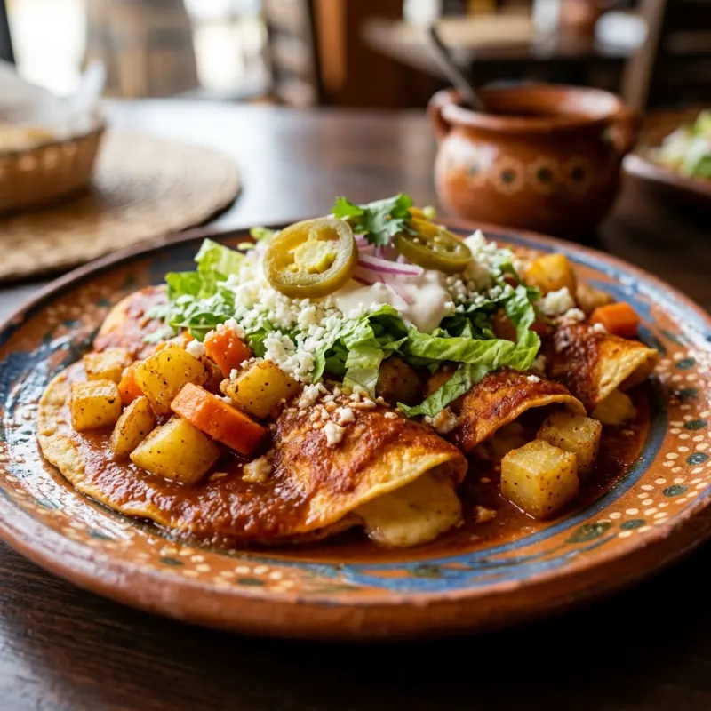 Authentic Enchiladas Mineras served on a traditional ceramic plate with stewed vegetables and cheese