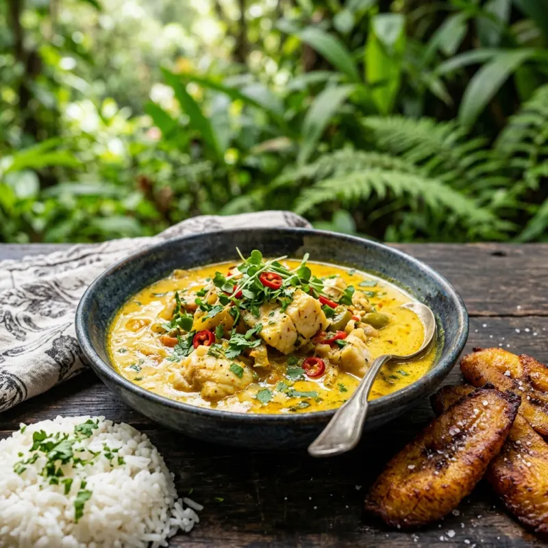 Encocado de Pescado in a ceramic bowl with rice and plantains