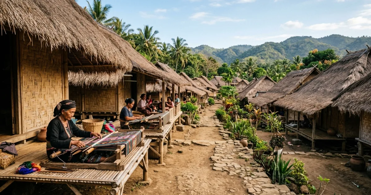 Traditional Sasak thatched huts and woven craft pathways at Ende Village Central Lombok