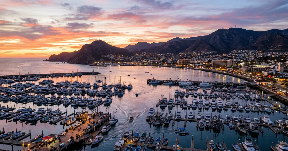 Panoramic view of Ensenada bay and marina at sunset