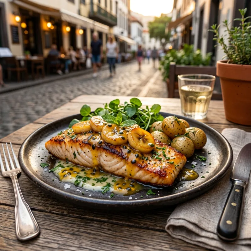 Madeira Espada com Banana fish dish served on a rustic plate in Zona Velha Funchal