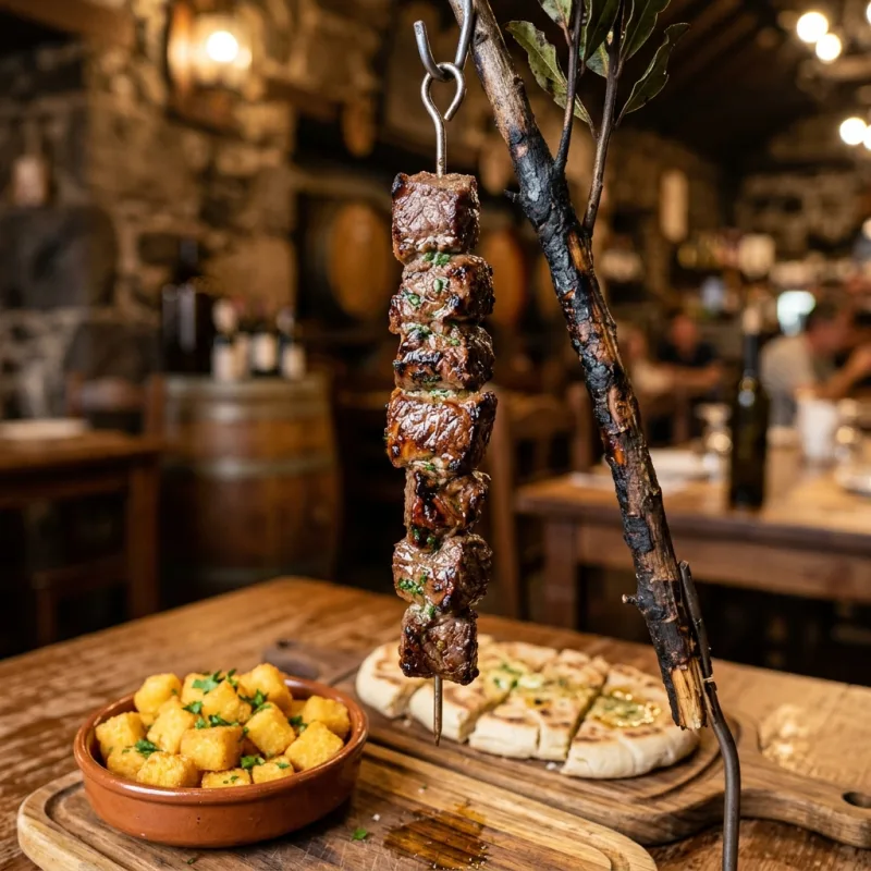 Espetada Madeirense beef skewer on a laurel wood branch served with fried polenta