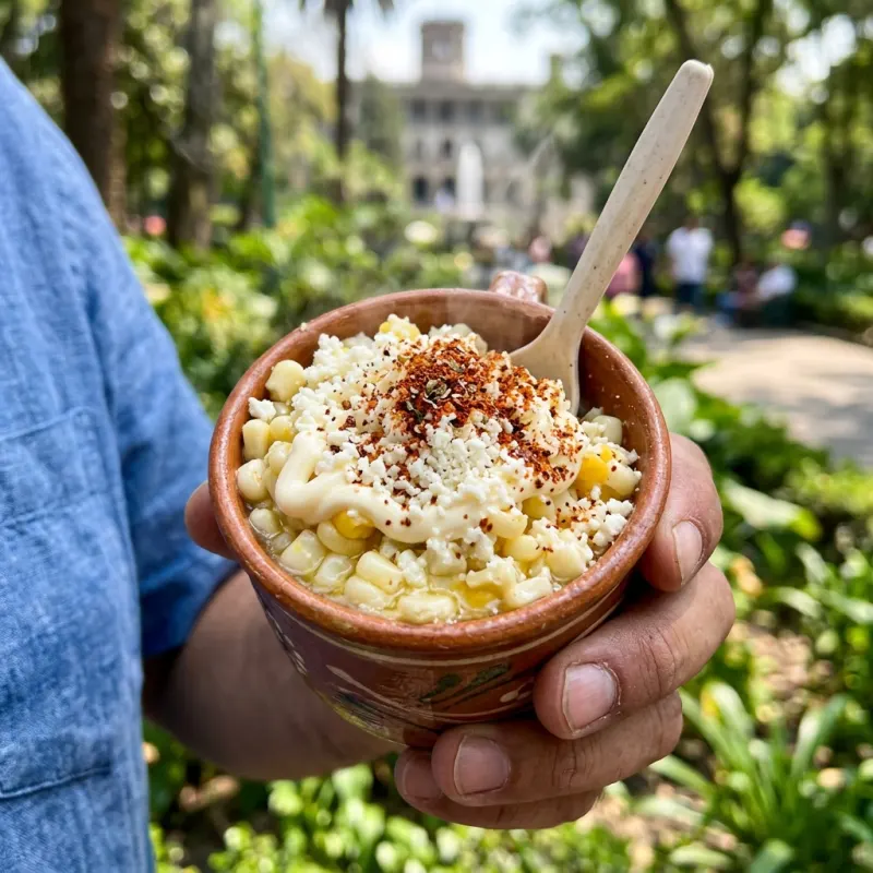 Authentic Mexican esquites in a cup topped with mayonnaise, cotija cheese, chili powder, and lime