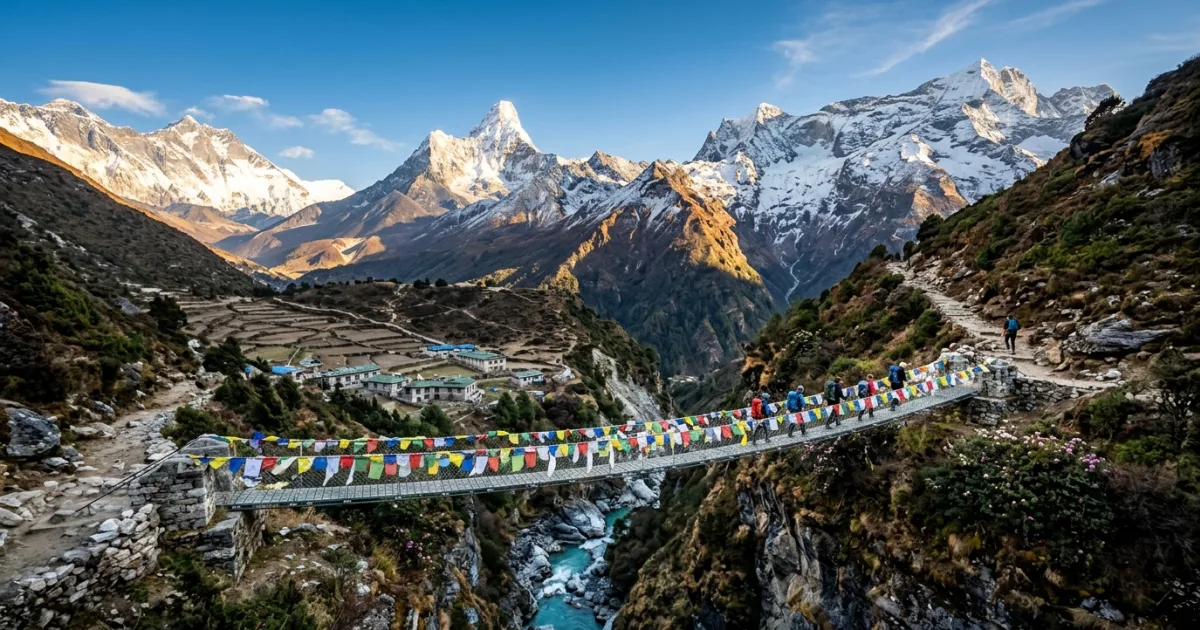 Panoramic view of snow-capped Himalayan peaks and prayer flags along a trekking trail in the Everest Region Nepal