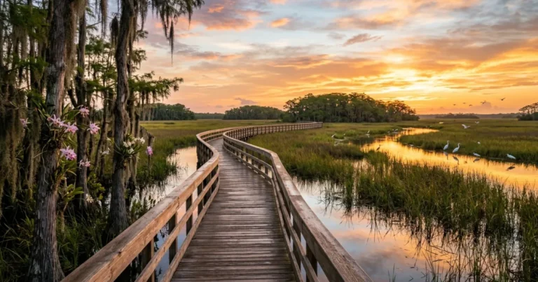 Everglades National Park 3 Wooden boardwalk extending over a tranquil sawgrass marsh in Everglades National Park at sunrise
