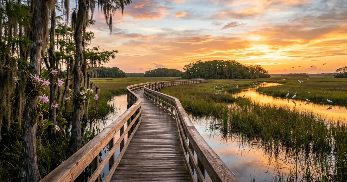 Wooden boardwalk extending over a tranquil sawgrass marsh in Everglades National Park at sunrise