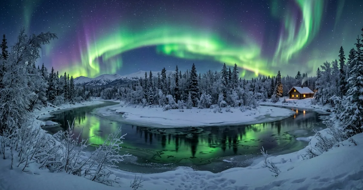 Vibrant green Northern Lights dancing over snow-covered boreal forest in Fairbanks Alaska