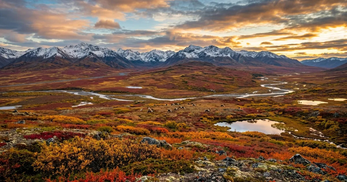Expansive Arctic tundra landscape with caribou and distant Brooks Range mountains in Alaska