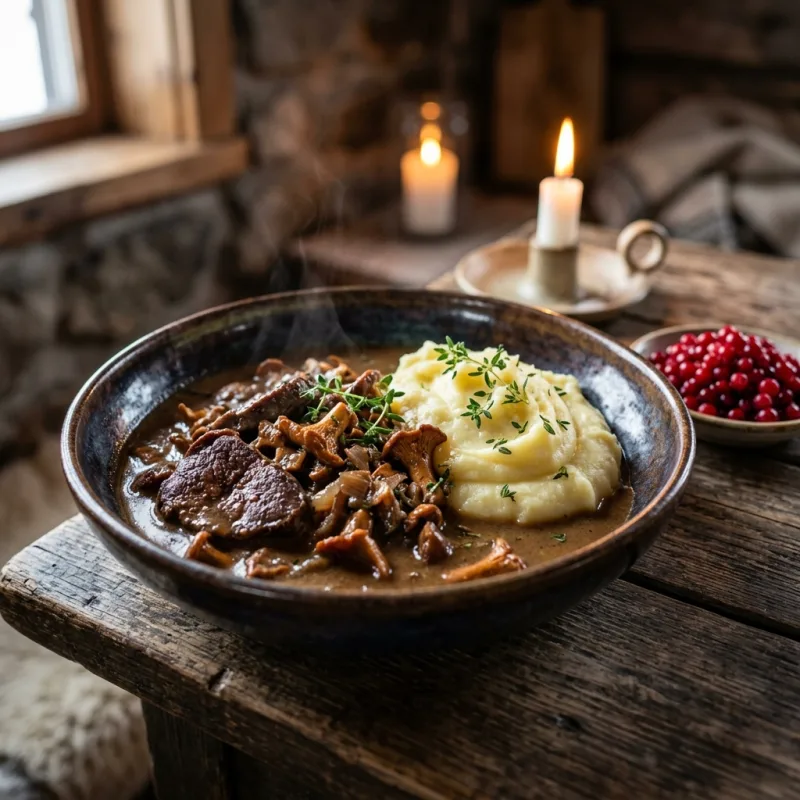 Authentic Norwegian Finnbiff reindeer stew served with mashed potatoes and lingonberry compote